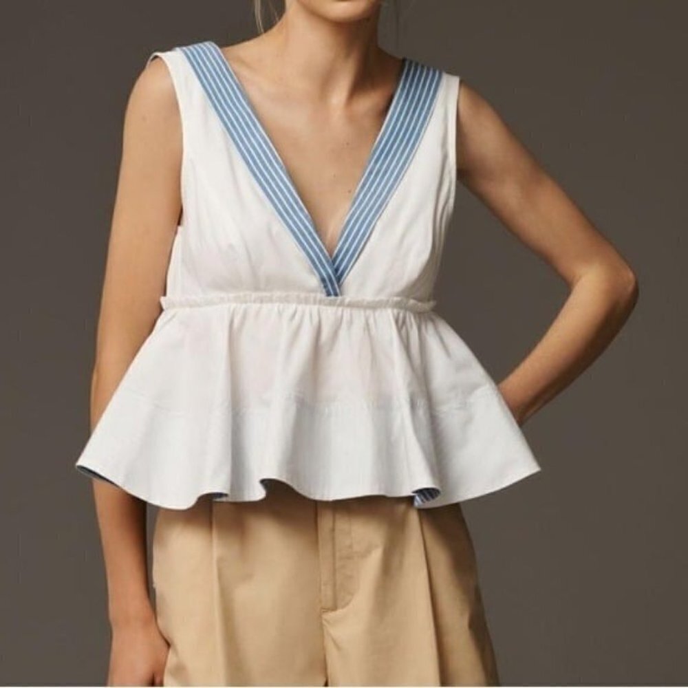 ANTHROPOLOGIE Maeve Sleeveless V-Neck Peplum Hem Babydoll Top White Size XL NEW